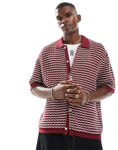 Jack & Jones crochet button through polo in red - view 1