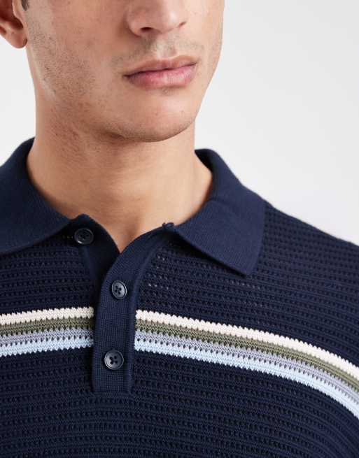 Jack & Jones crochet polo in navy stripe, 5 of 5