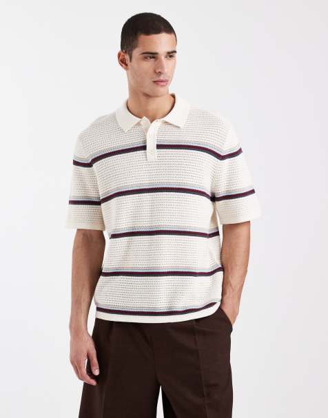 Jack & Jones stripe crochet polo in cream
