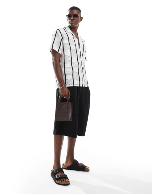 Jack & Jones crochet shirt with black piping in cream