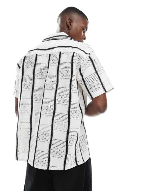 Jack & Jones crochet shirt with black piping in cream