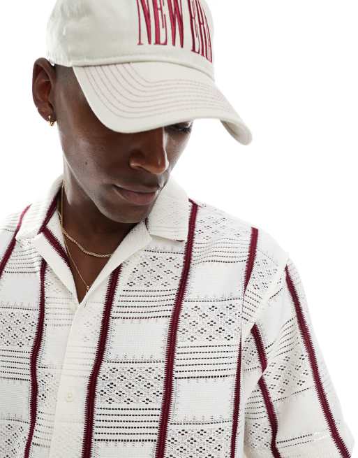 Jack & Jones crochet shirt with burgundy piping in cream