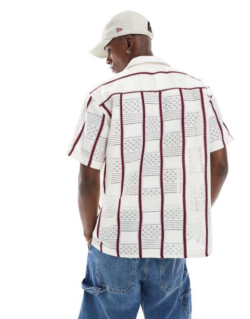 Jack & Jones crochet shirt with burgundy piping in cream
