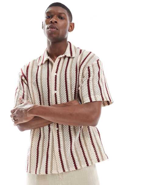 Jack & Jones crochet stripe shirt in beige - view 1