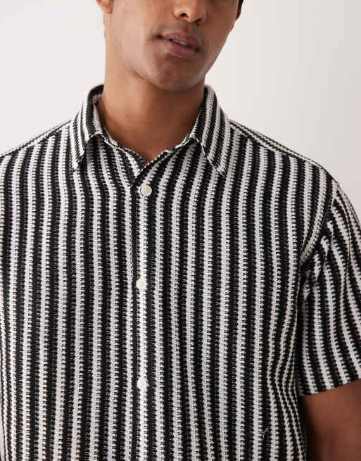 Jack & Jones crochet stripe short sleeve shirt in black, 3 of 5