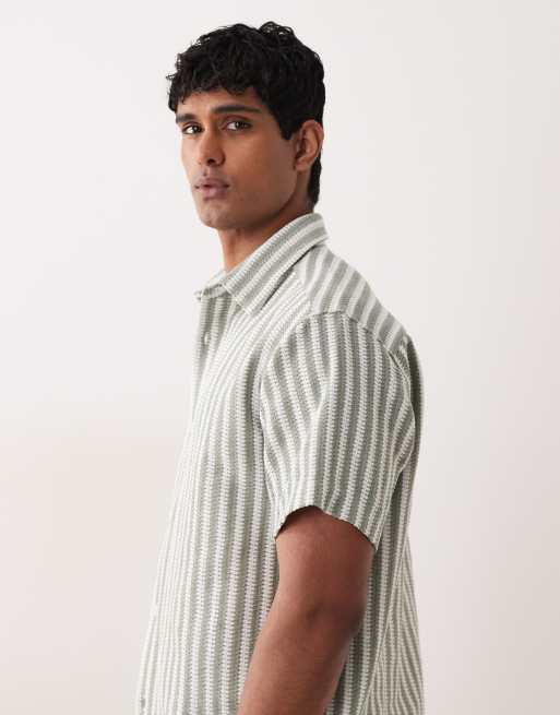 Jack & Jones crochet stripe short sleeve shirt in light green, 3 of 5