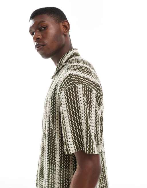 Jack & Jones crochet striped shirt in khaki