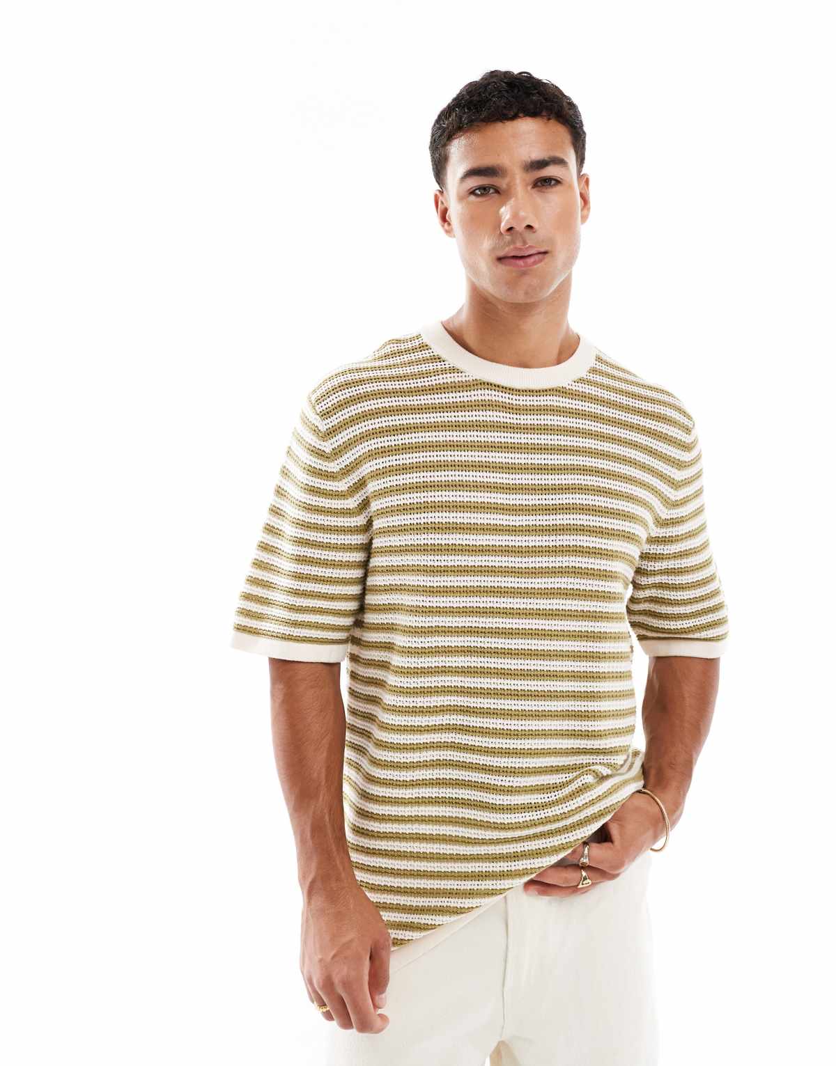 Jack & Jones crochet t-shirt in beige and green stripe