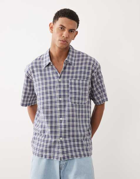 Jack & Jones - Cropped geruit overhemd van linnenmix met korte mouwen in blauw - view 1