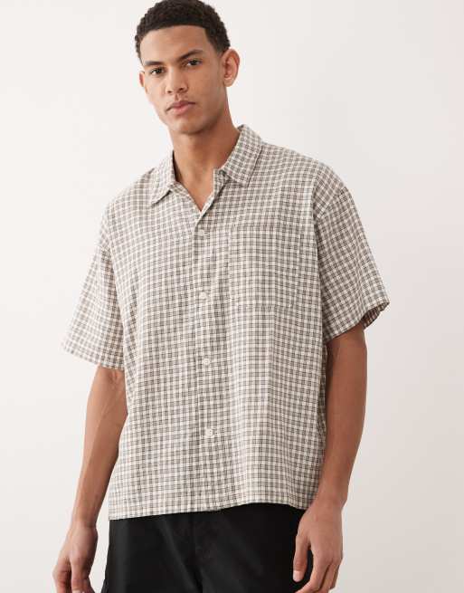 Jack & Jones - Cropped geruit overhemd van linnenmix met korte mouwen in kaki
