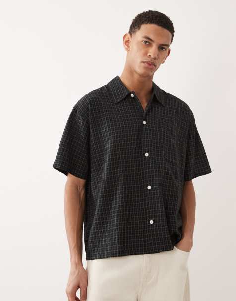 Jack & Jones - Cropped geruit overhemd van linnenmix met korte mouwen in zwart - view 1