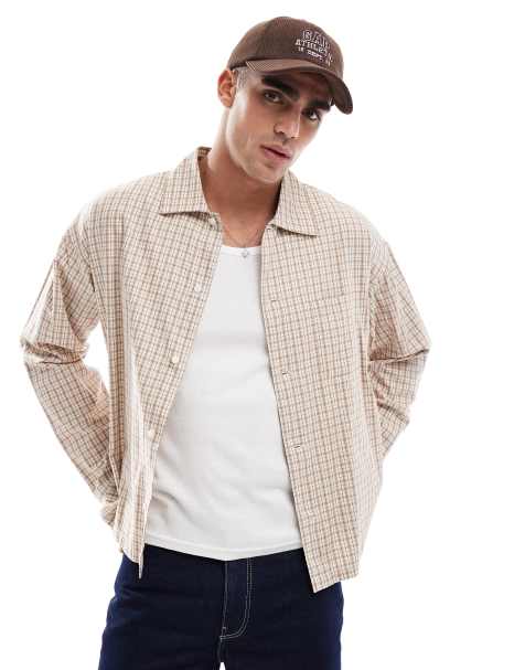 Jack & Jones cropped oversized shirt in neutral check - view 1