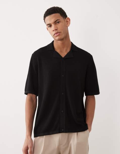 Jack & Jones – Czarna dzianinowa koszula z kołnierzykiem kubańskim zapinana na guziki - view 1