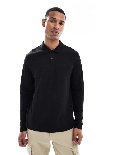 Jack & Jones textured polo with long sleeves in black