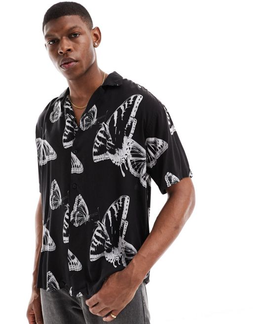 Jack & Jones – Czarna koszula oversize z kołnierzykiem kubańskim i wzorem w motyle 