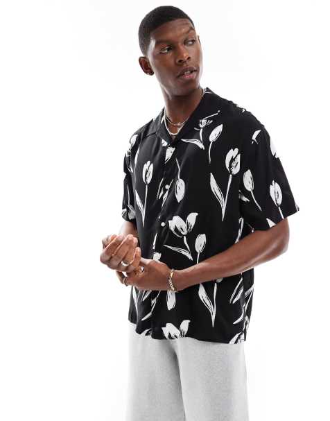 Jack & Jones revere collar floral print shirt sleeve shirt in black