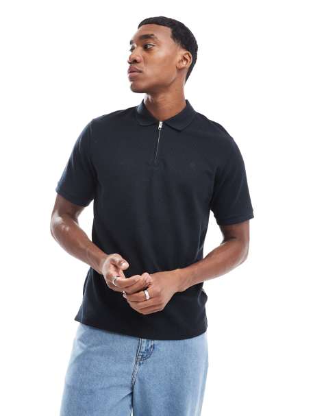 Jack & Jones – Czarna koszulka polo o waflowej fakturze z zamkiem pod szyją - view 1