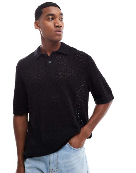 Jack & Jones thick crochet polo in black