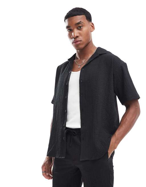 Jack & Jones – Czarna marszczona koszula oversize z kołnierzykiem kubańskim, część zestawu 