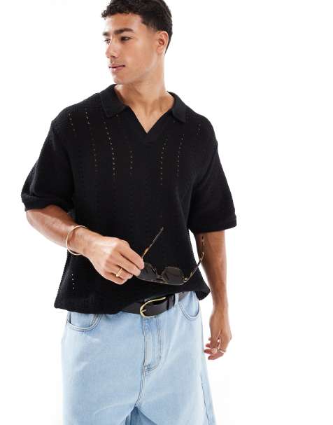 Jack & Jones split neck polo in crochet in black
