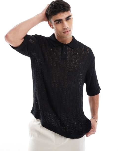 Jack & Jones knitted crochet polo shirt in black