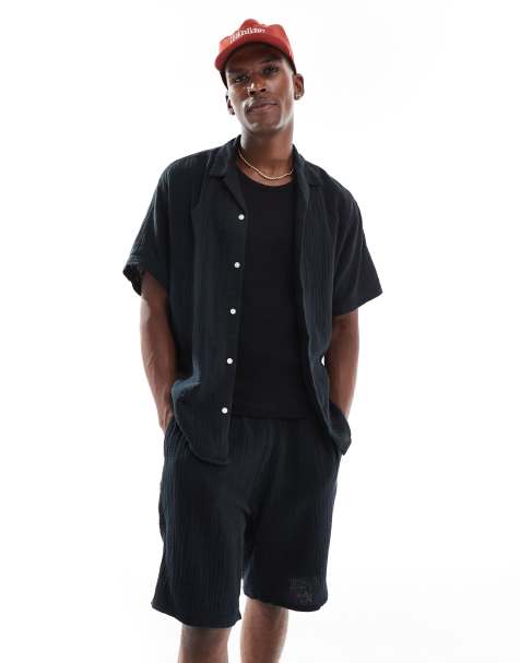 Jack & Jones texture revere collar shirt and short set in black