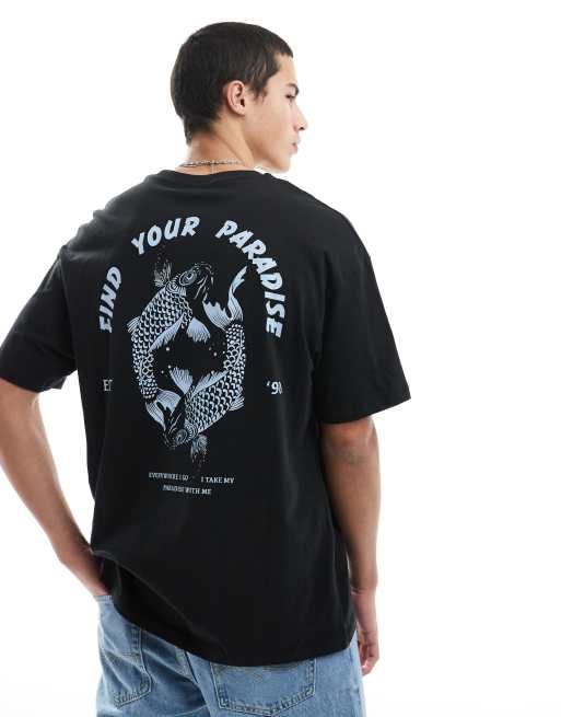 Jack & Jones – Czarny T-shirt o fasonie super oversize z grafiką z karpiem Koi na plecach 