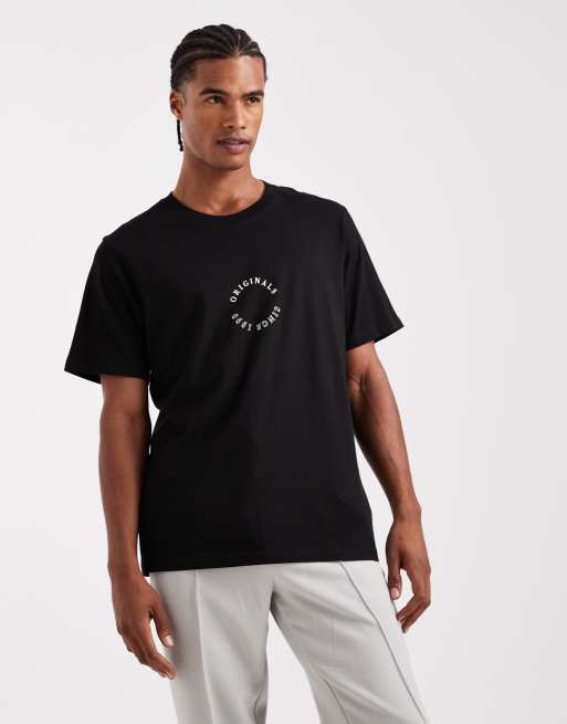 Jack & Jones – Czarny T-shirt o luźnym kroju z nadrukiem z napisem Originals