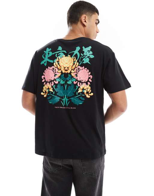 Jack & Jones – Czarny T-shirt oversize z nadrukiem kwiatów 