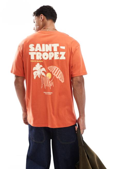 Jack & Jones – Czerwony T-shirt oversize z nadrukiem „Saint Tropez“ na plecach, 3 z 4