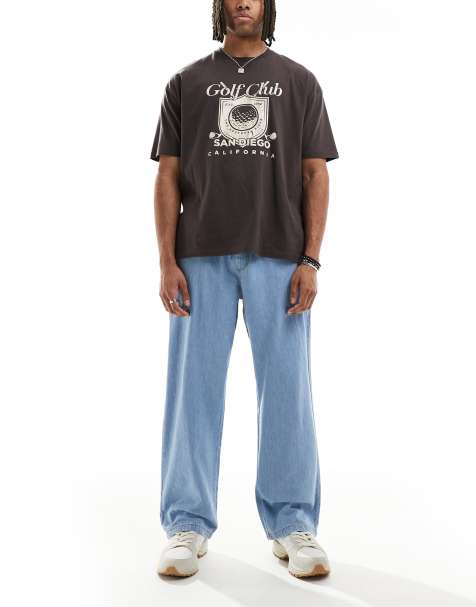 Jack & Jones Dave wide fit drawstring light weight jeans in light blue wash - view 1