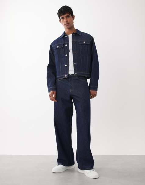 Jack & Jones Dave wide fit jeans co-ord in stripe dark wash - view 1