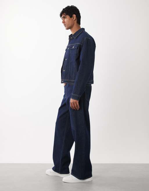 Jack & Jones Dave wide fit jeans co-ord in stripe dark wash, 2 of 5
