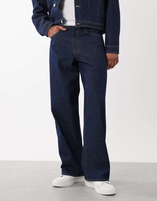 Jack & Jones Dave wide fit jeans co-ord in stripe dark wash, 3 of 5