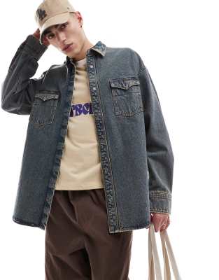 denim overshirt shacket in acid wash-Blue