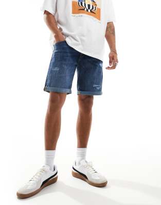 Jack & Jones Jack & Jones denim short in mid blue with rips