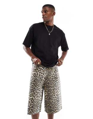 Jack & Jones Denim Shorts With Leopard Print-black In Multi