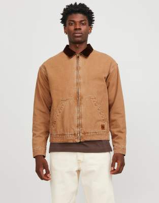 Jack & Jones Denim Worker Jacket With Cord Collar In Tan-neutral