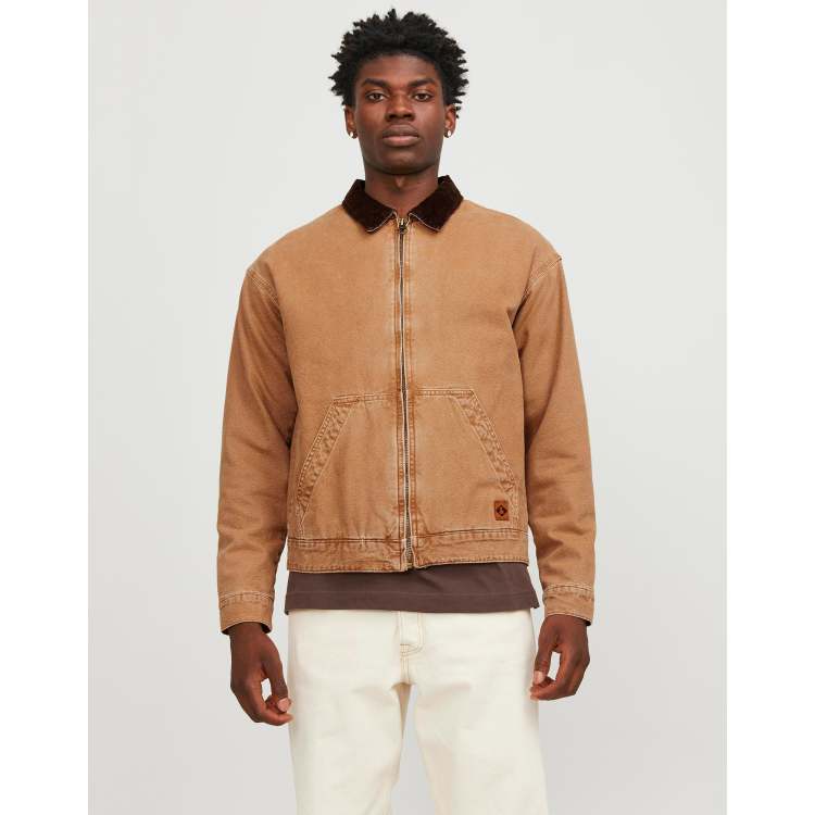 Jack Jones denim worker jacket with cord collar in tan ASOS