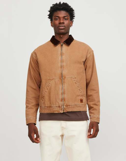 Jack & Jones denim worker jacket with cord collar in tan 