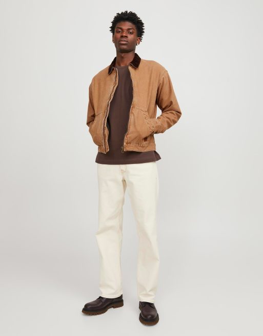 Jack Jones denim worker jacket with cord collar in tan ASOS