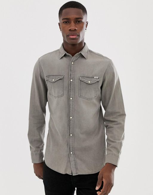 Jack & Jones – Denimhemd in schlanker Passform und verwaschenem Grau