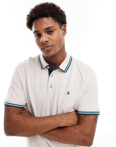 Jack & Jones slim fit tipped pique logo polo in beige 