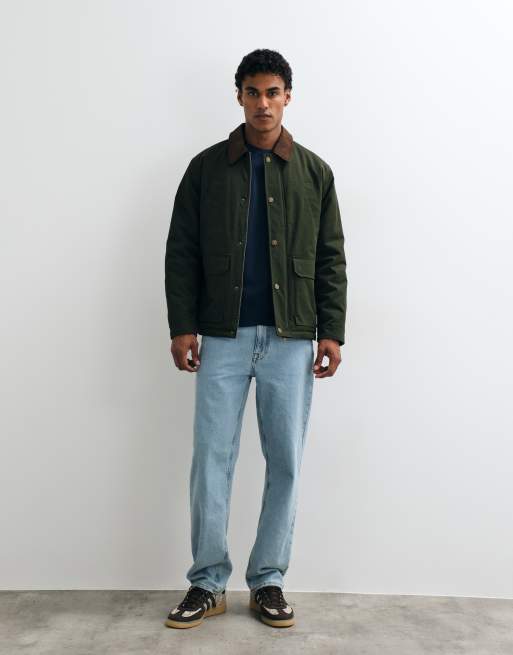 Jack & Jones double pocket barn jacket with cord collar in dark green, 2 of 5