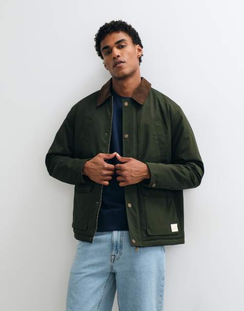 Jack & Jones double pocket barn jacket with corduroy collar in dark green - view 1