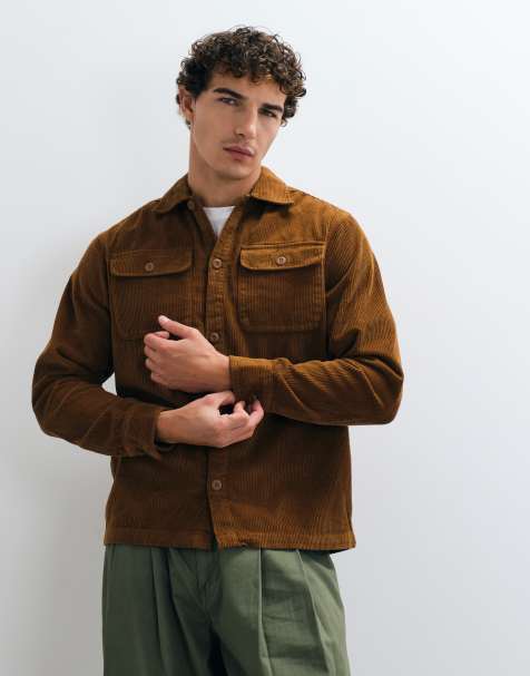 Jack & Jones double pocket cord overshirt in tan brown - view 1