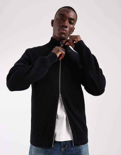 iirot DRY RIB KNIT CARDIGAN - BLACK　サイズ1 Jack & Jones double zip rib knit cardigan in black | ASOS
