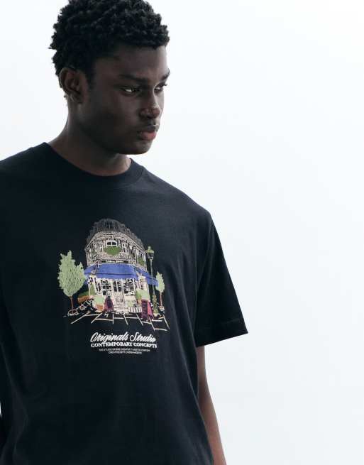 Jack & Jones drawing front print t-shirt in black, 2 of 5