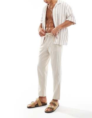 drawstring linen mix pants in moonbeam-Neutral