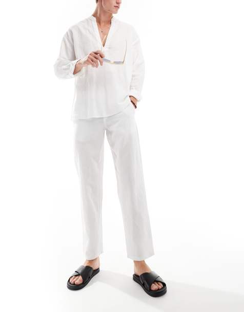Jack & Jones drawstring linen mix pants in white - view 1
